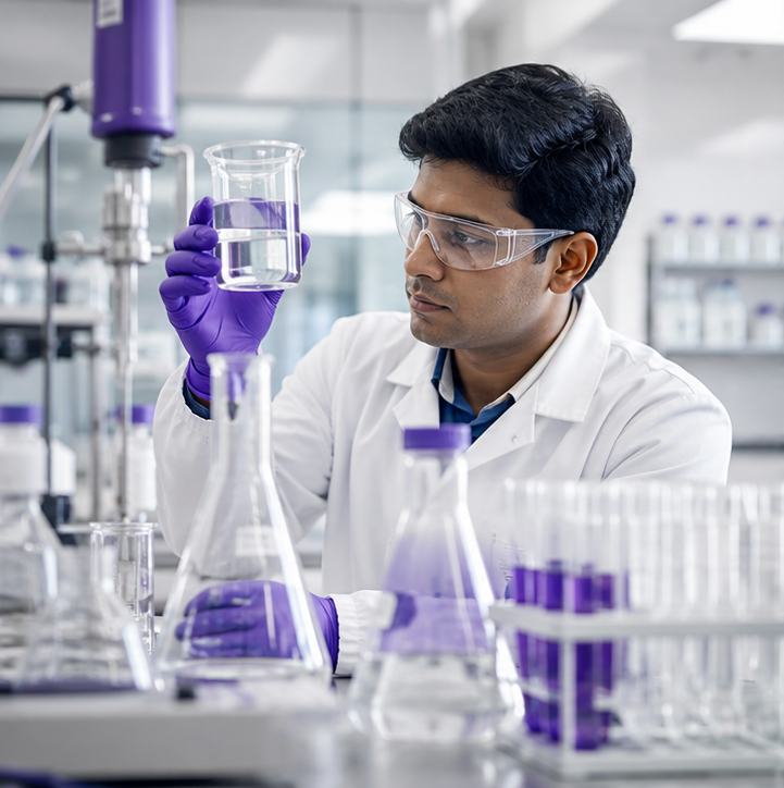 Chemical specialist evaluating a formulation in a modern laboratory